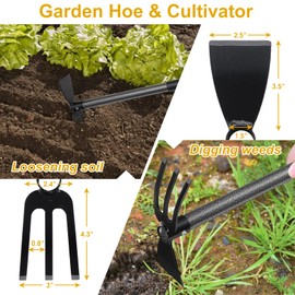 Hoe and Cultivator - 45” Long Handle - Heavy Duty Garden Hoe Tiller, Standing Hoe Garden Tools Durable Cultivator Hoes Hand Rake Fork for Gardening Weeding Planting Loosening Soil