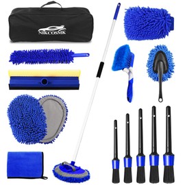 62'' Car Wash Brush Kit Mitt Mop Sponge with Long Handle, 1 Chenille Scratch-Free Replacement Head, Windshield Window Squeegee,Car Duster,Car Detailing Brushes,Tower,Car Cleaning Kit for Cars RV Truck