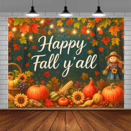 BlissYard Happy Fall Y'all Backdrop Autumn Scarecrow Sunflower Photography Backgroup Banner 8x6ft Autumn Thanksgiving Party Decorations Happy Fall Maple Leaves Pumpkins Decorations