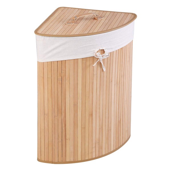GOFLAME Corner Bamboo Laundry Hamper with Lid and Removable Liner, Washing Clothes Basket Storage Bin with Handle, Suitable for Bedroom, Bathroom, Laundry (Natural)