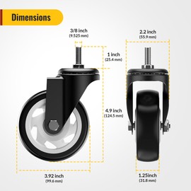 HOLKIE Caster Wheels 4 inch with No Brake Stem Casters, 3/8" -16 x 1 (Stem Diameter 3/8", Stem Length 1") Threaded Swivel Casters Set of 4 Heavy Duty Castors Black