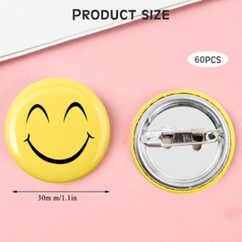 Pilikoll 60 Pcs 30mm Happy Face Pins Badge Emoji Emoticon Button Pins Mix Emoticon Badge Pins Smile Face Pins for Clothes Hats Backpacks Decorations(Random)