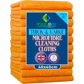 Towelogy® Heavy Duty Microfibre Cleaning Cloths for Home All Purpose - Larger, Thicker, More Absorbent Cleaning Cloth - 100% Lint Free Micro Fibre Cloths for Kitchen, Bathroom and Car (Bright Orange)