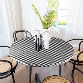 Sorfey Round Tablecloth -Fitted with Elastic, Vinyl with Flannel Back, Fits for Table 60 Inches Round,Water Proof, Easy to Clean, Checked Black Design