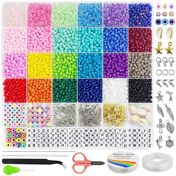 Redtwo 3400 pcs 4mm Glass Seed Beads for Jewelry Bracelet Making Kit, Small Beads Friendship Bracelet Kit, Tiny Waist Beads Kit with Letter Beads and Elastic String, DIY Art Craft Girls Gifts