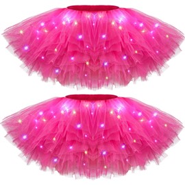 2 Pack LED Tutu Skirt Light up Tutus 5 Layered Neon Tulle Skirt for Women 80's Party Carnival Costume Glitter(Rose Red)