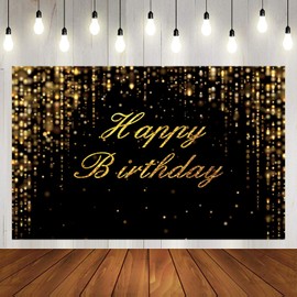 Large Happy Birthday Party Backdrop No Wrinkles Black and Gold Glitter Bokeh Sequin Spots Photography Background Golden Sparkle Baby Banner Decor Backdrop Photo Background Studio Props (7x5ft)