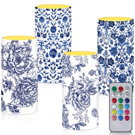 Tiamon 4 Pcs Chinoiserie Flameless Pillar Candles LED Blue and White Porcelain Candles Set Battery Operated Warm Light Flickering Chinoiserie Decor for Wedding Home Table Party Decoration