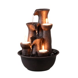 Tabletop Fountain 3 Candles, Indoor Waterfall Fountain for Meditation, Desktop Waterfall Fountain 3 Tiered, Resin Room Decor for Office Home Relaxaion, Housewarming Gifts New Home, Brown with Rocks