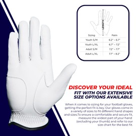 GLOWREY Football Gloves- Leather Youth Football Gloves-Enhanced Performance Receiver Gloves with Super Tacky Grip for Ultimate Best Game Experience for All Ages (White, X-Large)