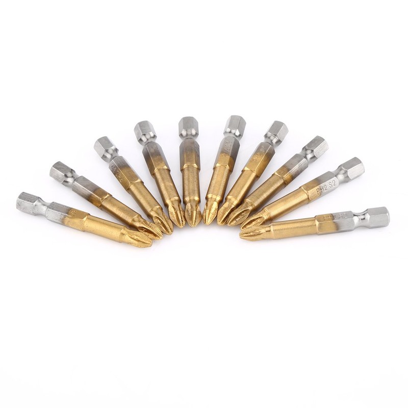 10 Titanium-Plated Non-Slip Bits 50Mm Long (Ph2 Head Type) PH2