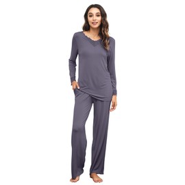WiWi Viscose from Bamboo Pajamas Sets for Women Long Sleeve Sleepwear Soft V Neck Top with Pants Plus Size Pjs S-4X, Dark Grey, X-Large