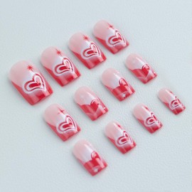 LOPMNGHT Valentine's Day Heart Press on Nails Medium Square Red French False Nails Full Cover Valentine's Day Stick on Nails Glossy Acrylic Coffin Nails Reusable Glue on Nails for Women 24Pcs
