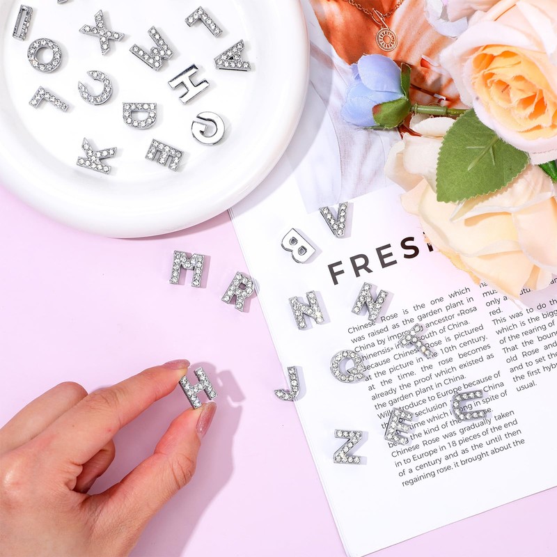 TIESOME 52PCS Silver Full Rhinestone Alphabet Charms, 8mm Slide Letters