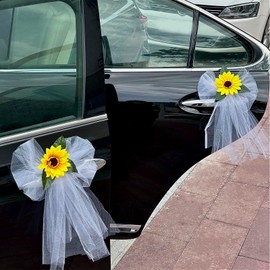 4PCS Sunflower Car Door Handle Decoration – Artificial Sunflowers with White Tulle Bows & Suction Cups, Elegant Cars Accessories for Just Married Wedding & Holiday Car Decor
