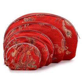 KALIFANO 5pcs Red Dragon Jewelry & Coin Silk Pouch Brocade Embroidered Gift Bag/Purse - Oriental Chinese Style Travel Wallet with Zipper (Family Owned and Operated)…