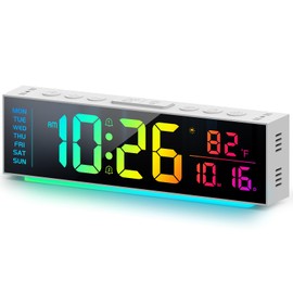 Digital Clock, Alarm Clock for Bedroom, Digital Wall Clocks for Classroom, Living Room Decor, Desk Clock Large Display, 13 Number Display Colors, 12 Ambient Light Colors, Auto Dimming, DST (White)