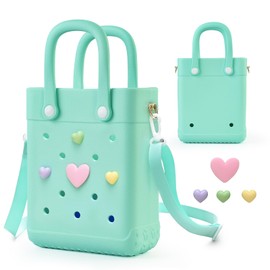 Mini Rubber Tote Bag with 4 Resin Charms Mini Crossbody Rubber Tote X-Small Rubber Beach Tote Bag for Girls (Green)