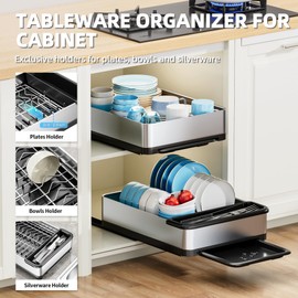 Ewaiira Stainless Steel Dish Drying Rack with Drainboard, Pull Out Cabinet Organizer 12.6" Wx16.5 D, Heavy Duty Slide Out Drawers for Plates, Kitchen Cabinets Pantry Storage
