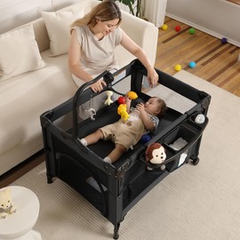 5 in 1 Pack and Play, Portable Travel Baby Bassinet, Foldable Travel Playard Playpen for Toddler, Bedside Crib Sleeper, Diaper Changer Table, Baby Playard for Newborn (Black)