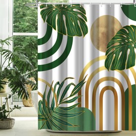 TWLSNCD Boho Green Mid Century Shower Curtain Modern Minimalist Abstract Bohemian Geometric Retro Arch Leaf Waterproof Fabric Bathroom Decor 72" X 84" with 12 Hooks Simple Bath Curtain Sets