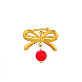 Dainty Bow Ring with Cherry Infinity Rings for Women 14K Gold Plated Bow Knot Rings Stainless Steel Open Finger Ring Christmas Valentine's Day Jewelry Gift (Red)