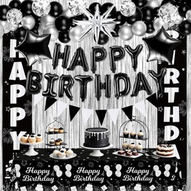 Black Silver Birthday Decorations for Men Women Black Silver Happy Birthday Banner Backdrop Porch Sign Balloons Fringe Curtains Tablecloth Star Foil Balloons for Boys Girls Anniversary Party Supplies