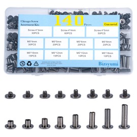 140Pcs Chicago Screws for Leather Crafting - 8 Sizes (M5x4/5/6/8/10/12/15/18) Gun Metal, Premium Durable Screw Rivets Kit for DIY Leather Projects, Belts, Wallets & Accessories, Metal Fasteners Set