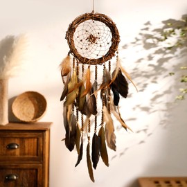 Dream Catcher Native American Boho Dreamcatcher Rattan Wall Decor, Handmade Natural Goose Feathers Brown Golden Beaded Hanging Ornament Indian Decor for Bedroom Living Room (Dark Brown)