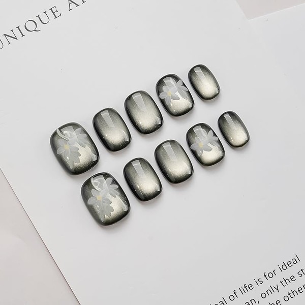 [GLORS] Handmade Short Square Press On Nails, Cateye Black with