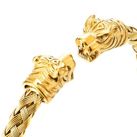 COOLSTEELANDBEYOND Gold Color Tiger Head Bracelet Steel Braided Cable Bangle Mens Cuff Bracelet Polished, Adjustable