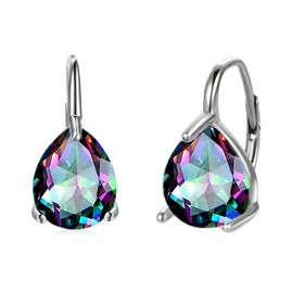 POPLYKE 925 Sterling Silver Teardrop Opal Leverback Earrings Hoop Earrings for Women Birthday Gifts, Sterling Silver, Created Cubic Zirconia