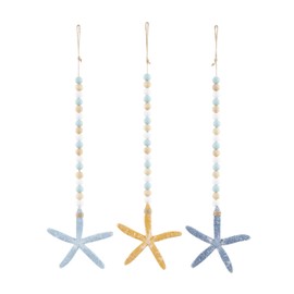 Deco 79 Wood Starfish Handmade Home Wall Decor Dimensional Textured Wall Sculpture with Long Beaded Hanging Rope, Set of 3 Wall Art 6" W, 25" H, Blue