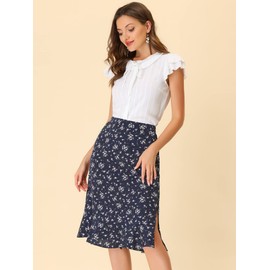 Allegra K Women's Floral Ruffle Hem Elastic Back Button Split Midi Skirt Dark Blue M-12