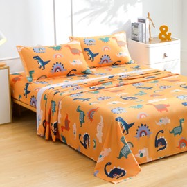 Cartoon Dinosaur Kids Sheet Set Twin Size - Orange Dinosaur & Rainbow Bed Sheet Set 3 Piece, Soft Microfiber Cartoon Dino Bedding with Deep Pocket