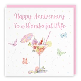 Hunts England - Pink Cocktail And Butterflies Anniversary Card For Wife - Milo's Gallery - Wife Anniversary Card