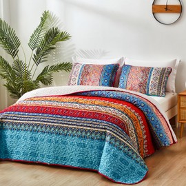 WONGS BEDDING Bohemian Quilt Set Full Size, Boho Striped Pattern Quilts Bedspread Set for All Season, Soft Microfiber Coverlet Bedding Set 78"x90"(3 Pieces, Full)