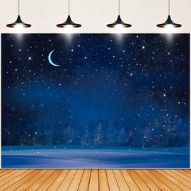 7x5ft Blue Night Sky Backdrop Winter Night Snowfall Snowflake Photography Background Starry Sky Moon Blurry Fir Trees Pine Forest Background Kids Children Party Banner Photo Booth Backdrop