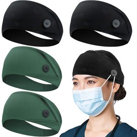 Headbands with Button for Mask, Wide Nurses Headbands Non Slip Elastic Ear Protection for Women Men Doctors Sweatband Head Wrap for Yoga Sports (4 Pack, 2 Black+2 Green)