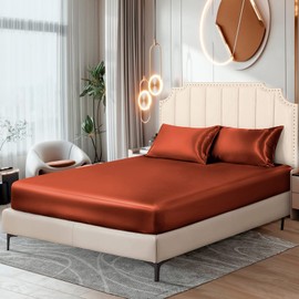 Ersmak Silk Satin Fitted Sheet, Soft Deep Pocket Bottom Luxury Queen Fitted Sheet, Wrinkle Free, Breathable, Fade Resistant - Orange