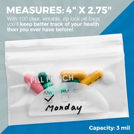 Pill Bag Pouch, Reusable Plastic Pill Organizer Bags, Size 4'' x 2.75" 3 Mil (Pack of 100)