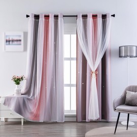indistar Cutout Blackout Window Curtains for Girls Kids Bedroom Double Layer Star Cut Out Gradient Stripe Curtains, 1 Panel (Pink/Gray W52 x L72 inch)