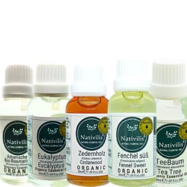Nativilis Organic Essential Oils Set, 5x30ml, Tea Tree, Eucalyptus, Cedarwood, Fennel and Rosemary Oils for Aromatherapy