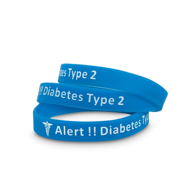 Medicaband 3 Pack-Type 2 Diabetes Medical Alert ID Silicone Blue Wristband, One Size 212mm Standard Adult Wrist