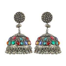 Indian Afghani Silver Oxidized Ethnic Fashion Ghungroo Tassel Traditional Gypsy Tribal Jhumka Big Dangle Earrings Multi (Multi1)