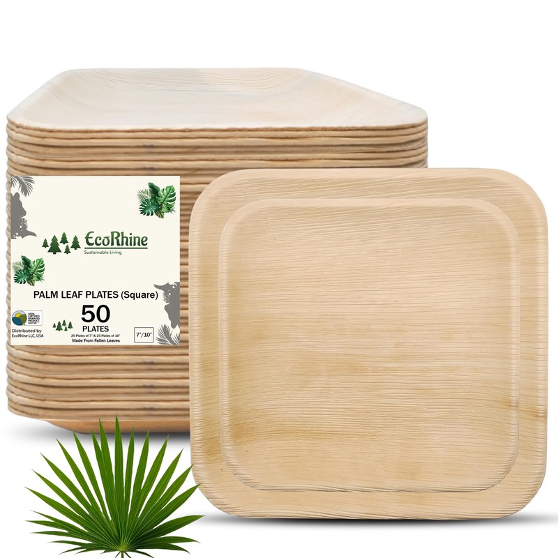 EcoRhine Bamboo Plates Disposable Palm Leaf Plates Set with Cutlery