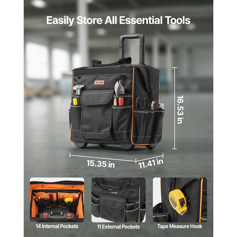 VEVOR 15" Rolling Tool Bag, 110 lbs Load Capacity, 25