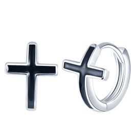 Yumilok Black Cross Earrings Women's Hoop Earrings Silver 925 Women's Stud Earrings for Women Girls, Sterling Silver