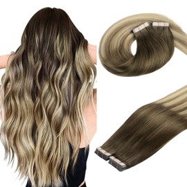 DOORES Human Hair Hair Extensions Tape in, Balayage Walnut Brown to Ash Brown and Bleach Blonde 20 Inch 100g 40pcs, Remy Human Hair Extensions Tape in Straight