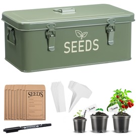 Candco Metal Seed Storage Organizer, Seed Storage Box with Safety Locks, Seed Packet Container Seed Saving Box with 3 Clear Plant Nursery Pots, 40 Plant Labels, 30 Seed Envelopes, 1 Marker Pen